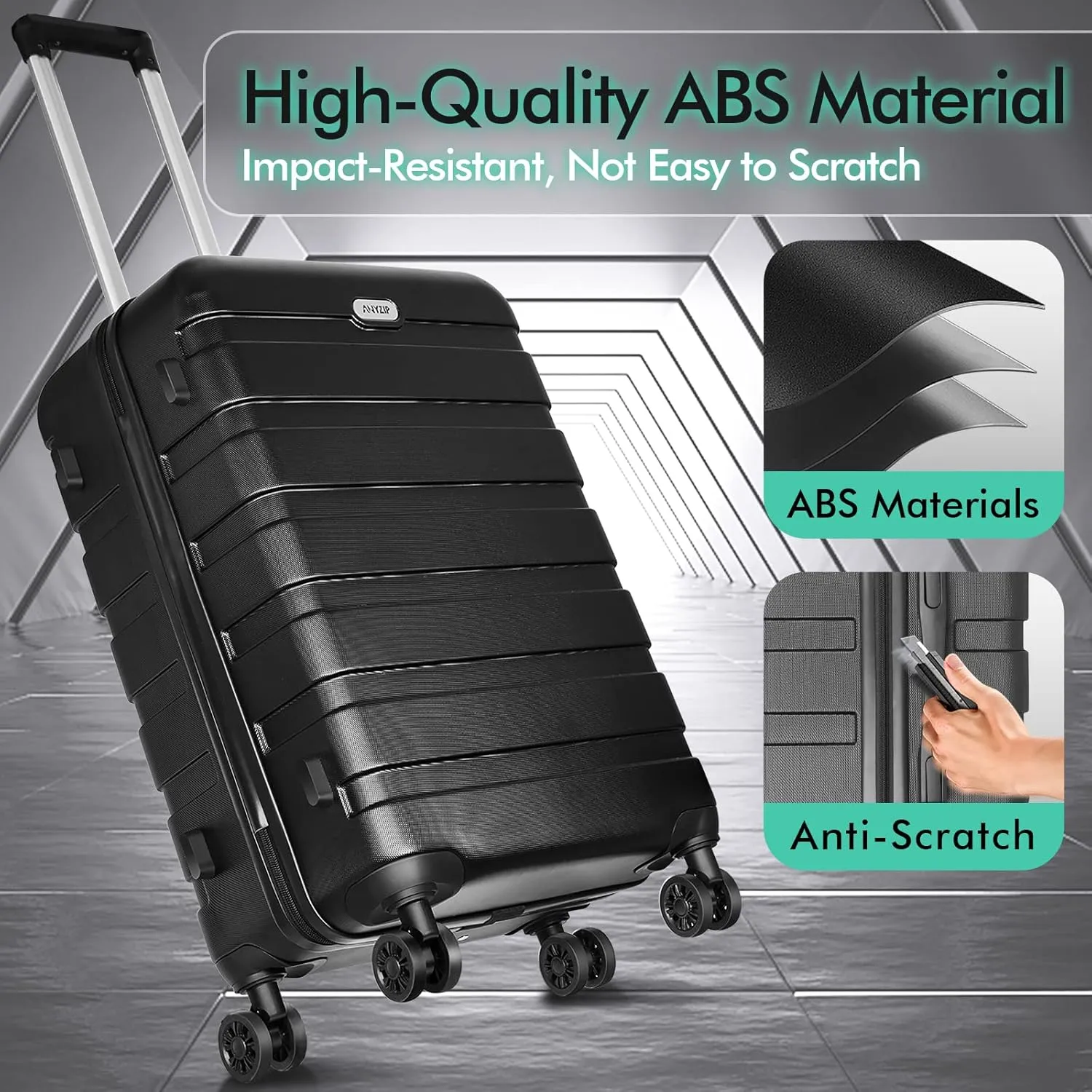 AnyZip Luggage Sets 3 Piece Hardshell Suitcase Set PC ABS Lightweight Travel Suitcases with 4 Double Spinner Wheels TSA Lock 20 24 28 Inch Black