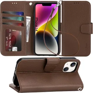 Arae Compatible with iPhone 14 Case with Card Holder and Wrist Strap Wallet Flip Cover for iPhone 14 6.1 inch Men/Women, Kickstand, Wristlet, RFID Blocking,Litchi Black