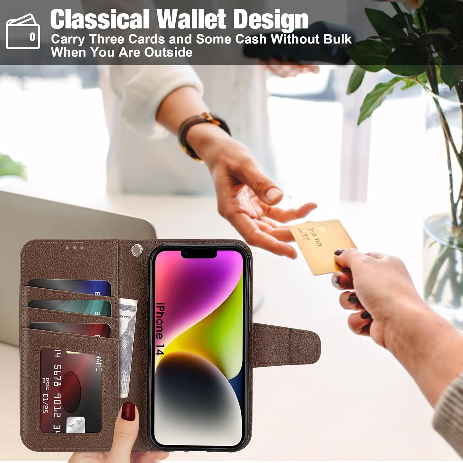 Arae Compatible with iPhone 14 Case with Card Holder and Wrist Strap Wallet Flip Cover for iPhone 14 6.1 inch Men/Women, Kickstand, Wristlet, RFID Blocking,Litchi Black