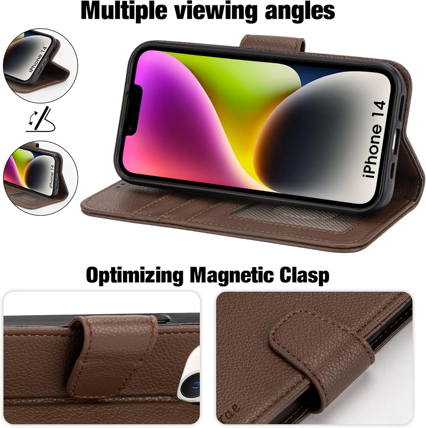 Arae Compatible with iPhone 14 Case with Card Holder and Wrist Strap Wallet Flip Cover for iPhone 14 6.1 inch Men/Women, Kickstand, Wristlet, RFID Blocking,Litchi Black