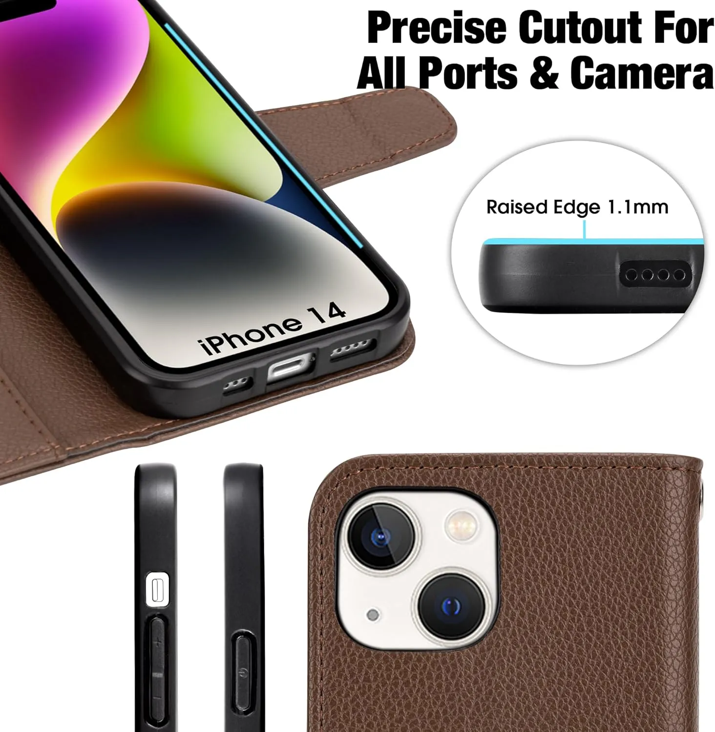 Arae Compatible with iPhone 14 Case with Card Holder and Wrist Strap Wallet Flip Cover for iPhone 14 6.1 inch Men/Women, Kickstand, Wristlet, RFID Blocking,Litchi Black