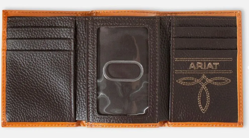 Ariat Natural Leather Trifold Style Men's Wallet with Floral Embossed Design A3559948
