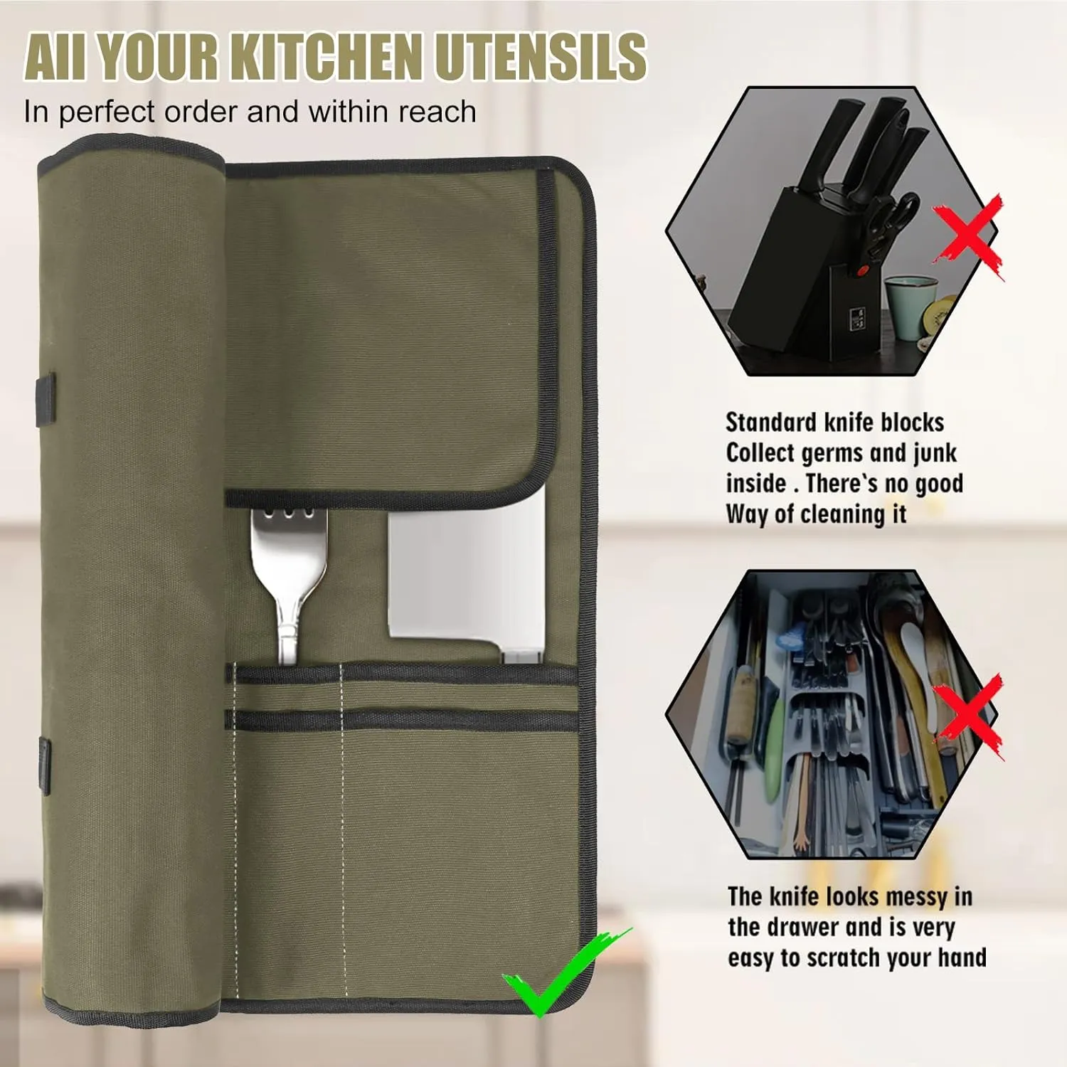 Army Green Chef Knife Bag With 10 Slots Cutlery Knives Holders Protectors, Home Kitchen Travel Cooking Tools, Portable Canvas Knife Roll Storage Bag Chef Case for Camping or Working