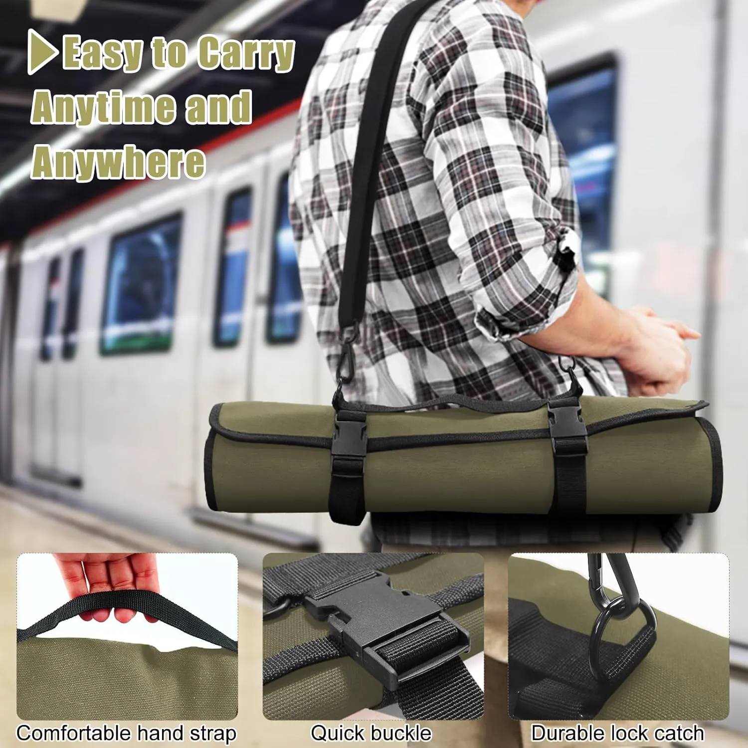 Army Green Chef Knife Bag With 10 Slots Cutlery Knives Holders Protectors, Home Kitchen Travel Cooking Tools, Portable Canvas Knife Roll Storage Bag Chef Case for Camping or Working