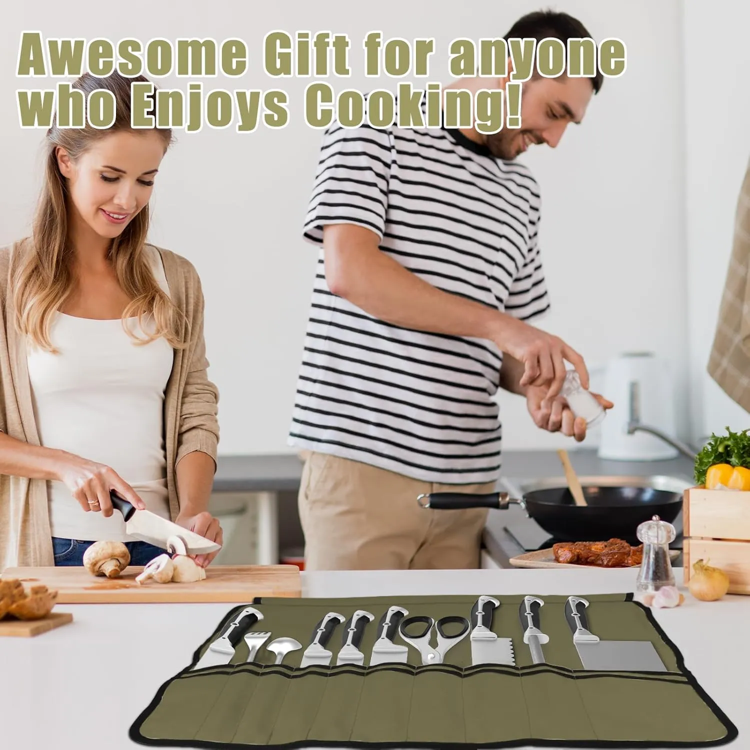 Army Green Chef Knife Bag With 10 Slots Cutlery Knives Holders Protectors, Home Kitchen Travel Cooking Tools, Portable Canvas Knife Roll Storage Bag Chef Case for Camping or Working
