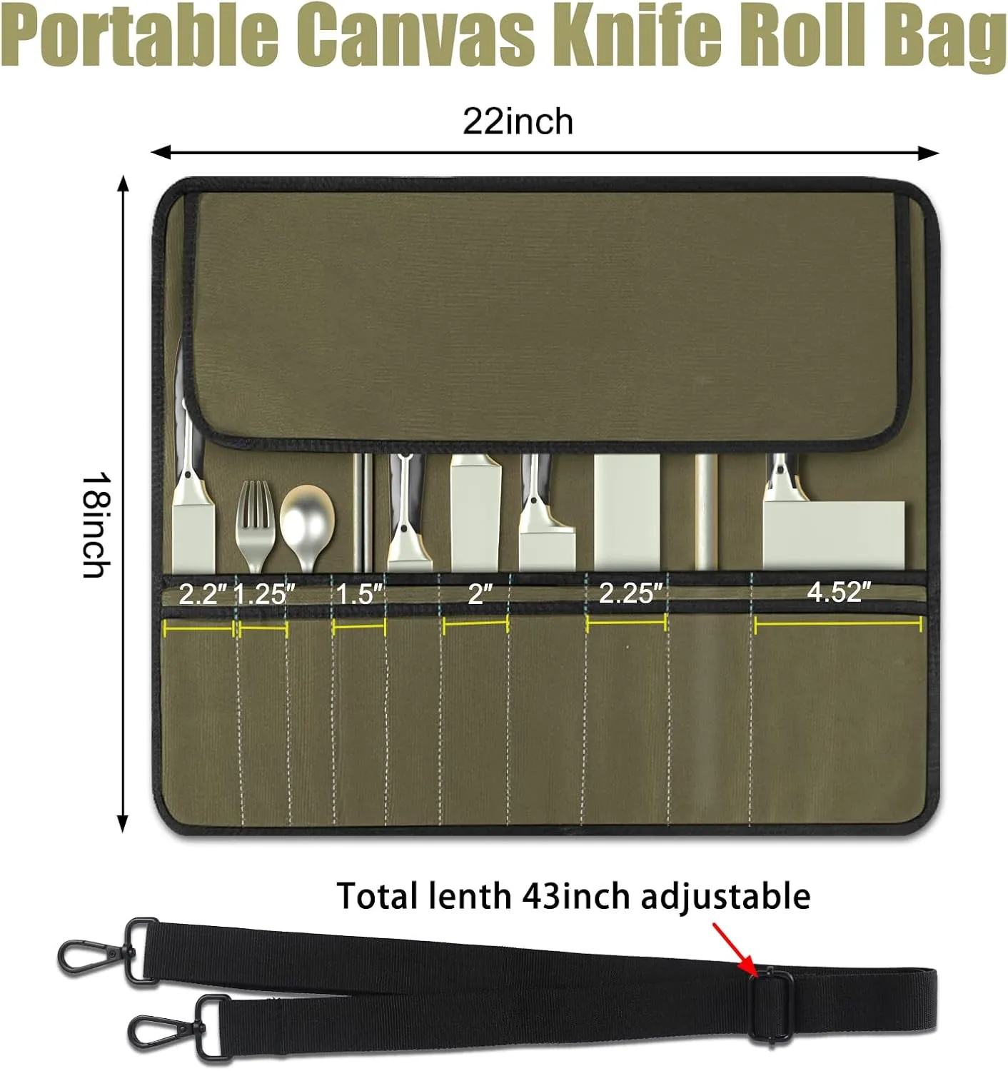 Army Green Chef Knife Bag With 10 Slots Cutlery Knives Holders Protectors, Home Kitchen Travel Cooking Tools, Portable Canvas Knife Roll Storage Bag Chef Case for Camping or Working