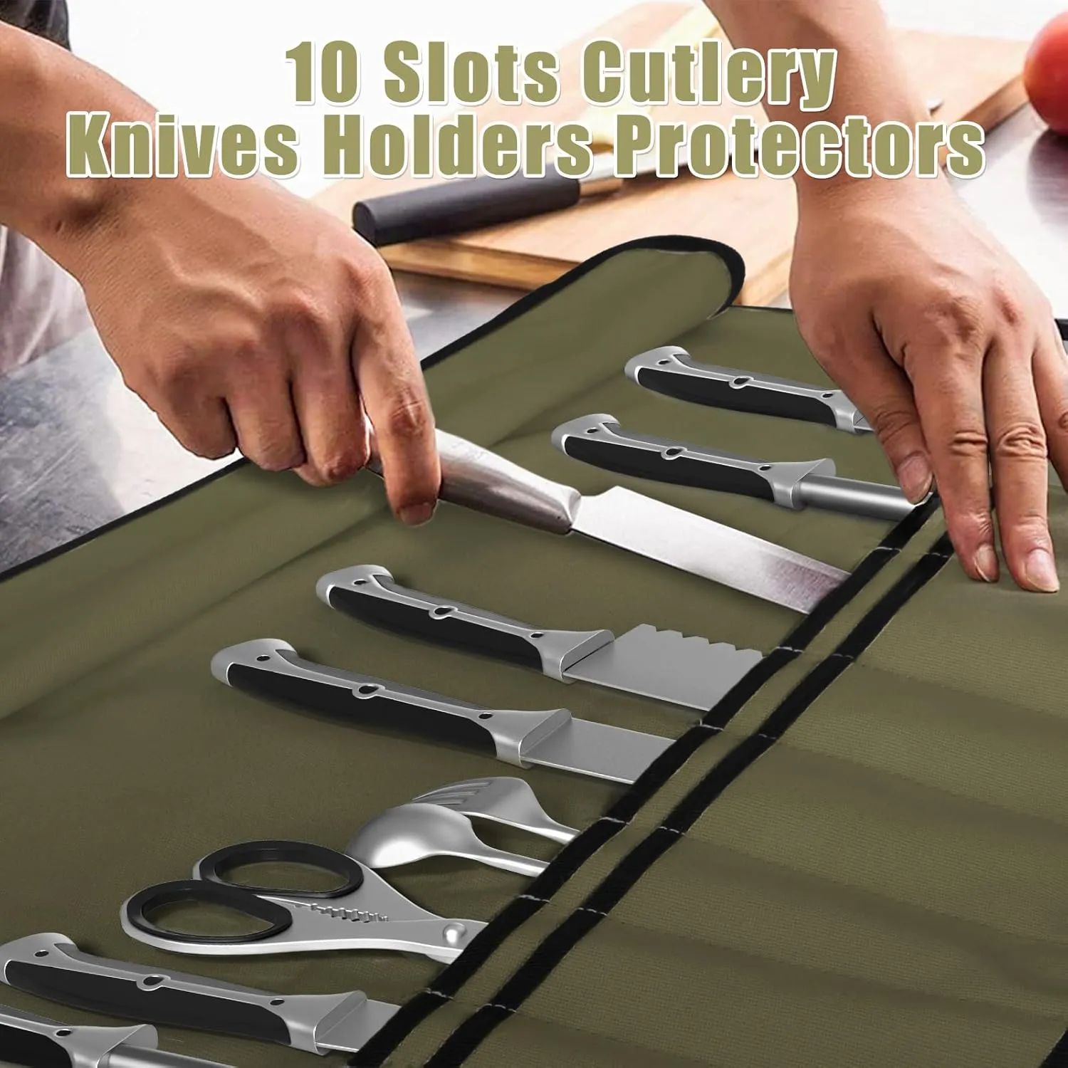 Army Green Chef Knife Bag With 10 Slots Cutlery Knives Holders Protectors, Home Kitchen Travel Cooking Tools, Portable Canvas Knife Roll Storage Bag Chef Case for Camping or Working