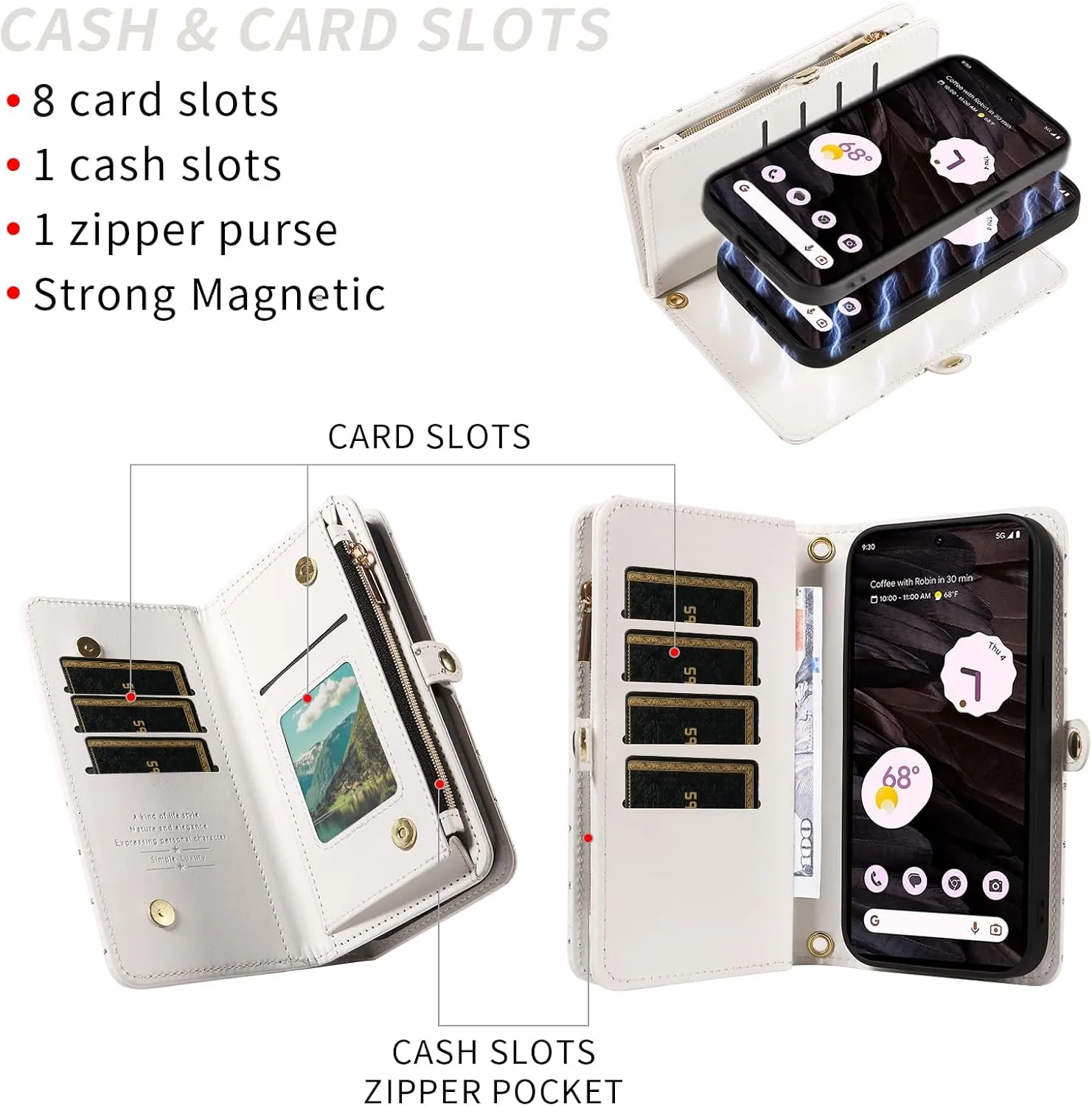 Asuwish Phone Case for Google Pixel 7A 5G 2023 Zipper Wallet Detachable Cell Cover with Tempered Glass Screen Protector Crossbody Lanyard Strap Glitter Flip Card Holder Slot Pixel7A A7 Women Men White