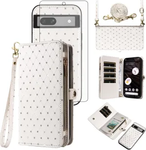 Asuwish Phone Case for Google Pixel 7A 5G 2023 Zipper Wallet Detachable Cell Cover with Tempered Glass Screen Protector Crossbody Lanyard Strap Glitter Flip Card Holder Slot Pixel7A A7 Women Men White