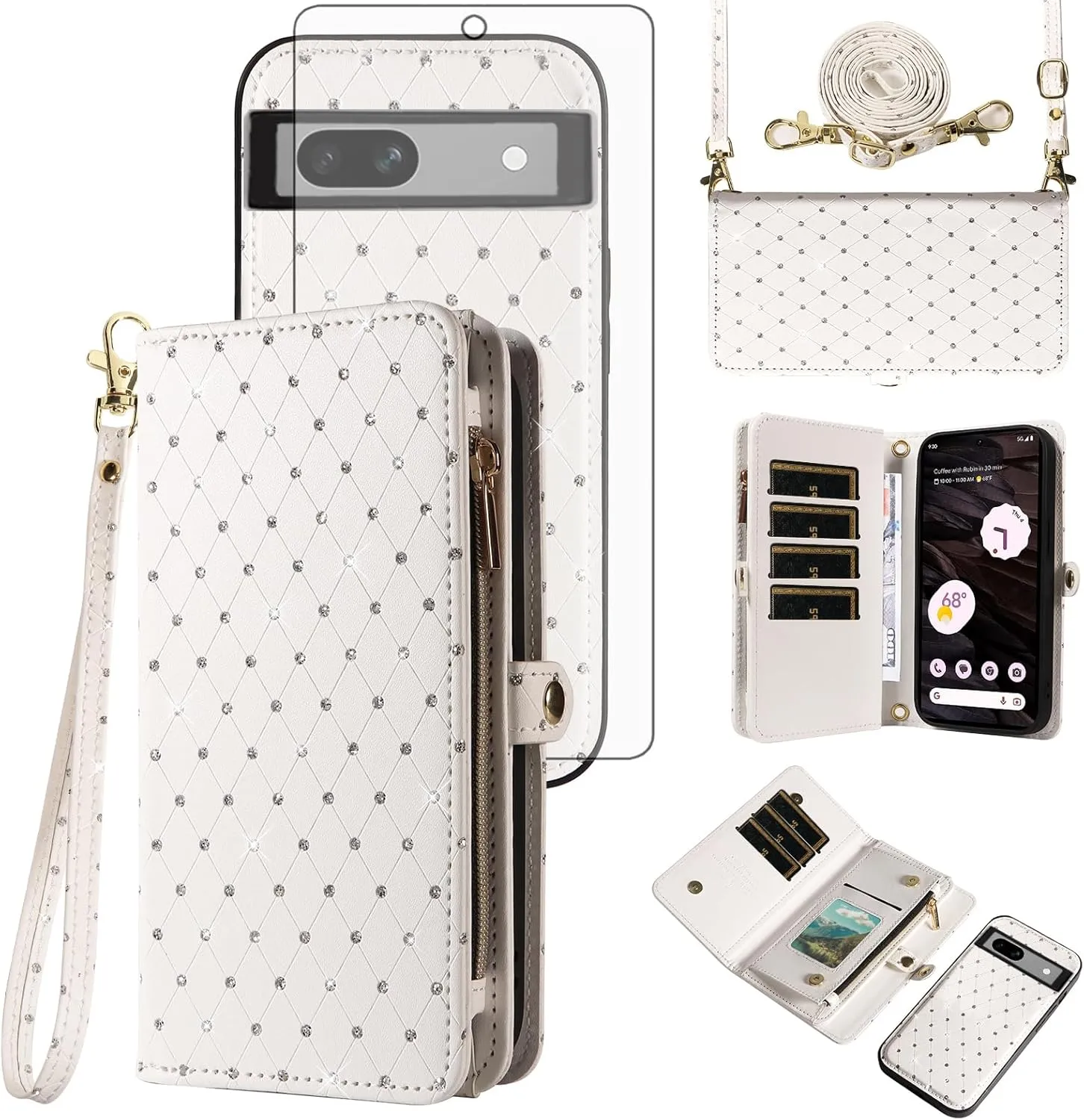 Asuwish Phone Case for Google Pixel 7A 5G 2023 Zipper Wallet Detachable Cell Cover with Tempered Glass Screen Protector Crossbody Lanyard Strap Glitter Flip Card Holder Slot Pixel7A A7 Women Men White