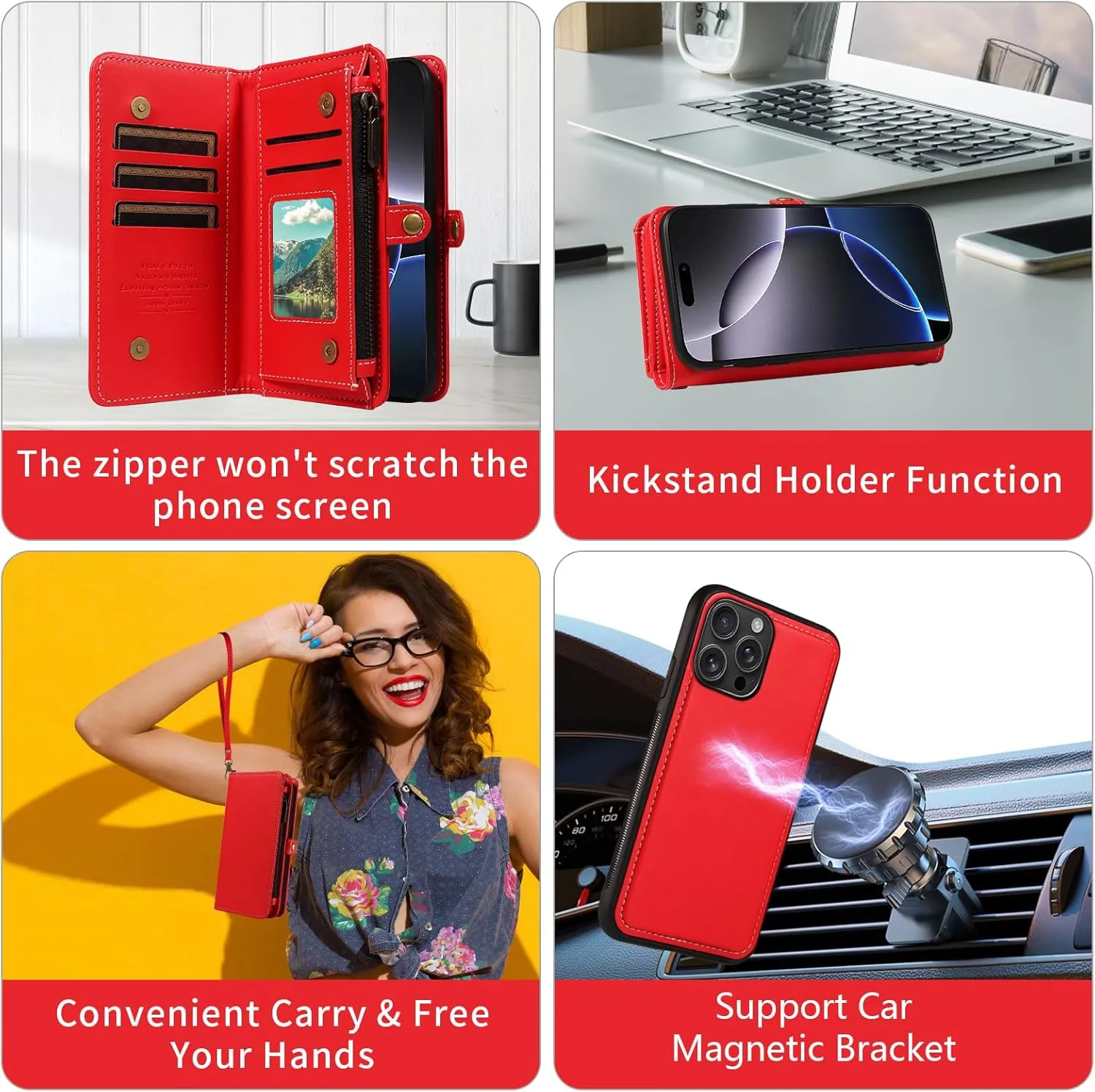 Asuwish Phone Case for iPhone 16 Pro Max 6.9 inch Zipper Wallet Detachable Cover with Screen Protector Crossbody Lanyard Strap Flip Card Holder Slot i Phone16 16Pro i16 ProMax 16ProMax Red