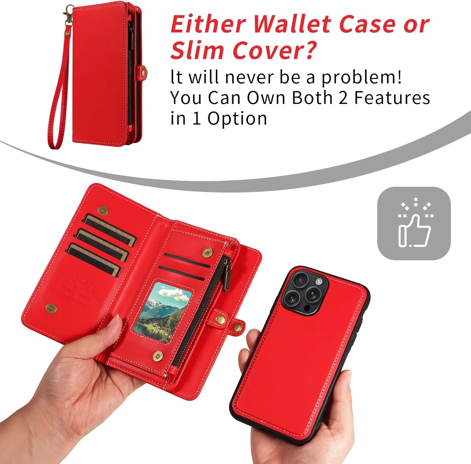 Asuwish Phone Case for iPhone 16 Pro Max 6.9 inch Zipper Wallet Detachable Cover with Screen Protector Crossbody Lanyard Strap Flip Card Holder Slot i Phone16 16Pro i16 ProMax 16ProMax Red