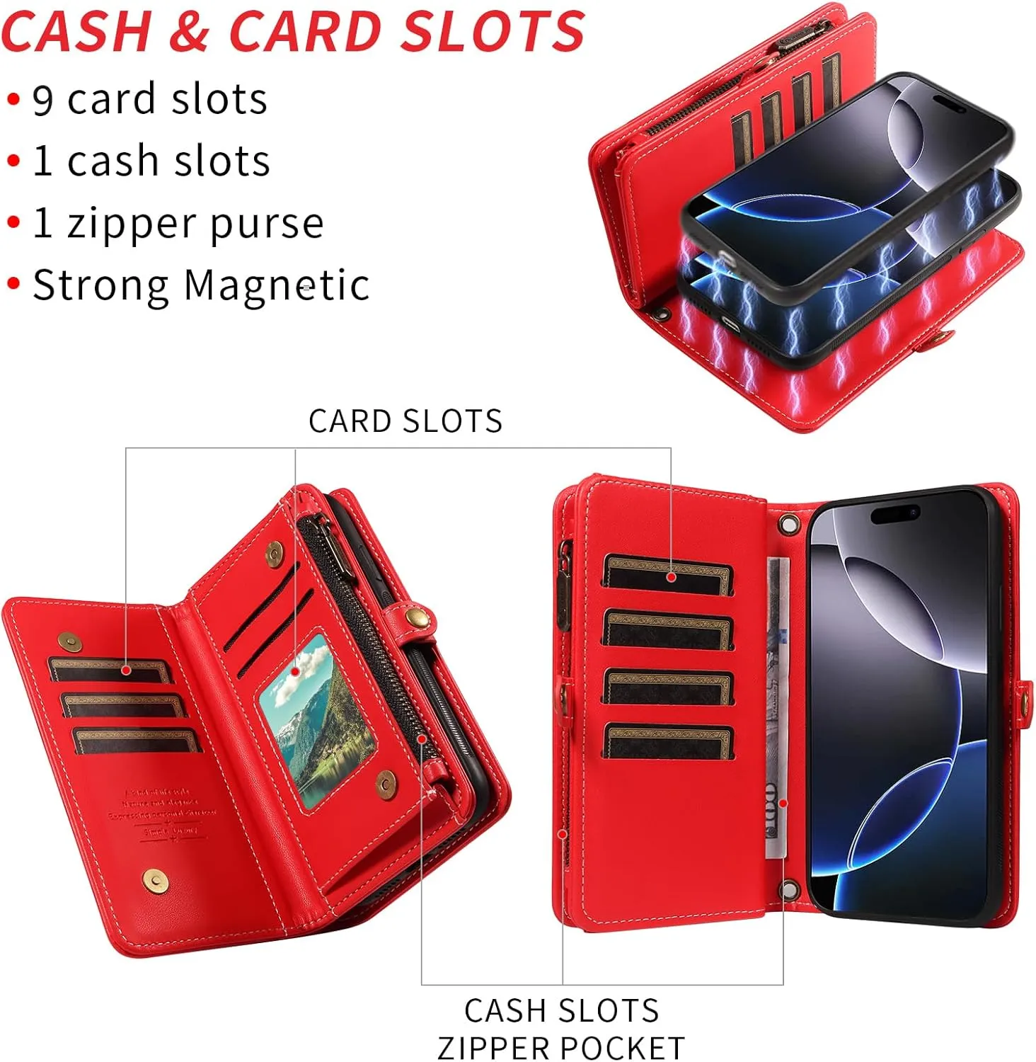 Asuwish Phone Case for iPhone 16 Pro Max 6.9 inch Zipper Wallet Detachable Cover with Screen Protector Crossbody Lanyard Strap Flip Card Holder Slot i Phone16 16Pro i16 ProMax 16ProMax Red