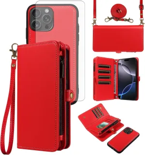 Asuwish Phone Case for iPhone 16 Pro Max 6.9 inch Zipper Wallet Detachable Cover with Screen Protector Crossbody Lanyard Strap Flip Card Holder Slot i Phone16 16Pro i16 ProMax 16ProMax Red