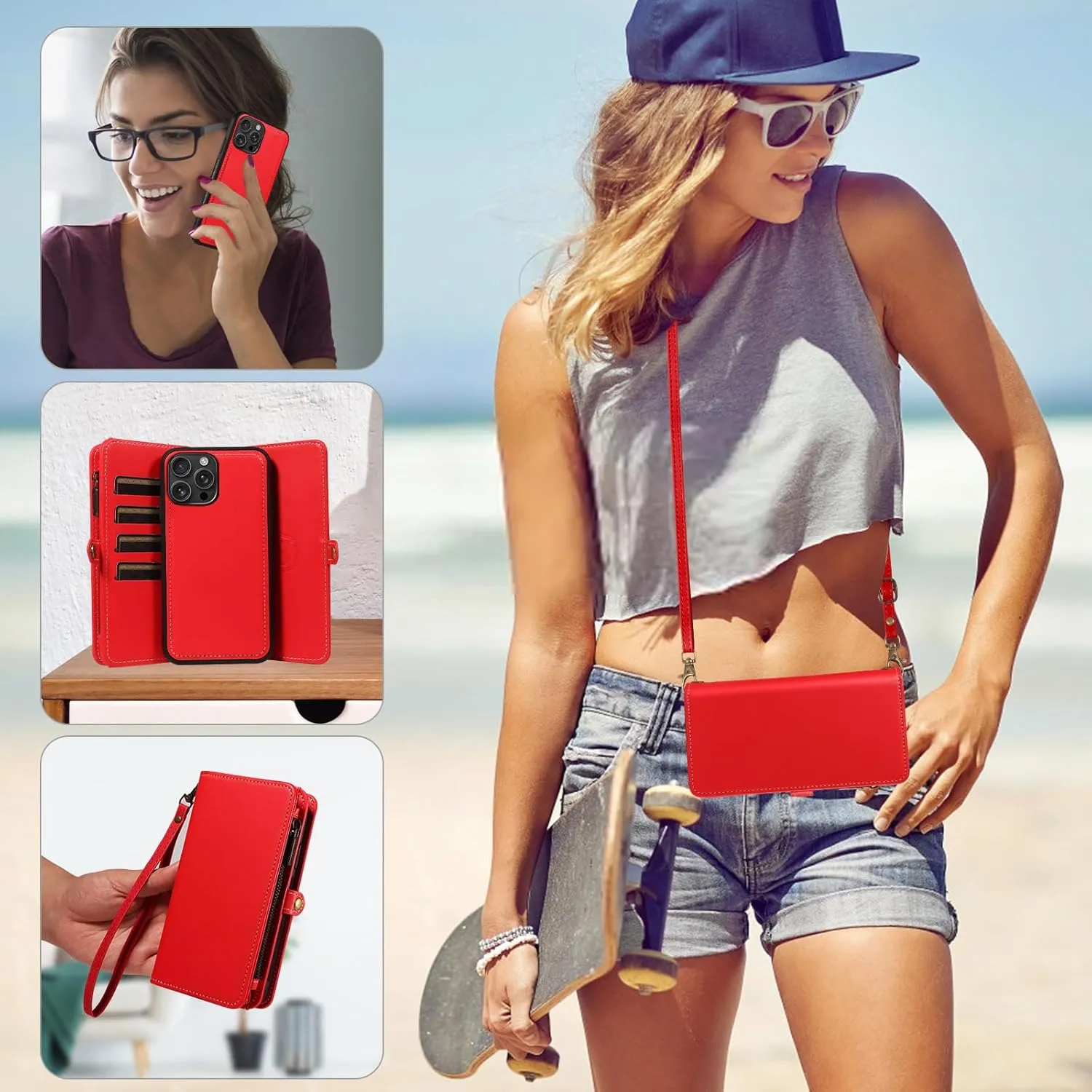Asuwish Phone Case for iPhone 16 Pro Max 6.9 inch Zipper Wallet Detachable Cover with Screen Protector Crossbody Lanyard Strap Flip Card Holder Slot i Phone16 16Pro i16 ProMax 16ProMax Red