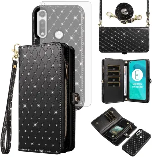 Asuwish Phone Case for Moto G Fast 2020 Zipper Wallet Detachable Cell Cover with Tempered Glass Screen Protector Crossbody Strap Glitter Flip Card Holder Slot Motorola GFast XT2045-3 Women Girls Black