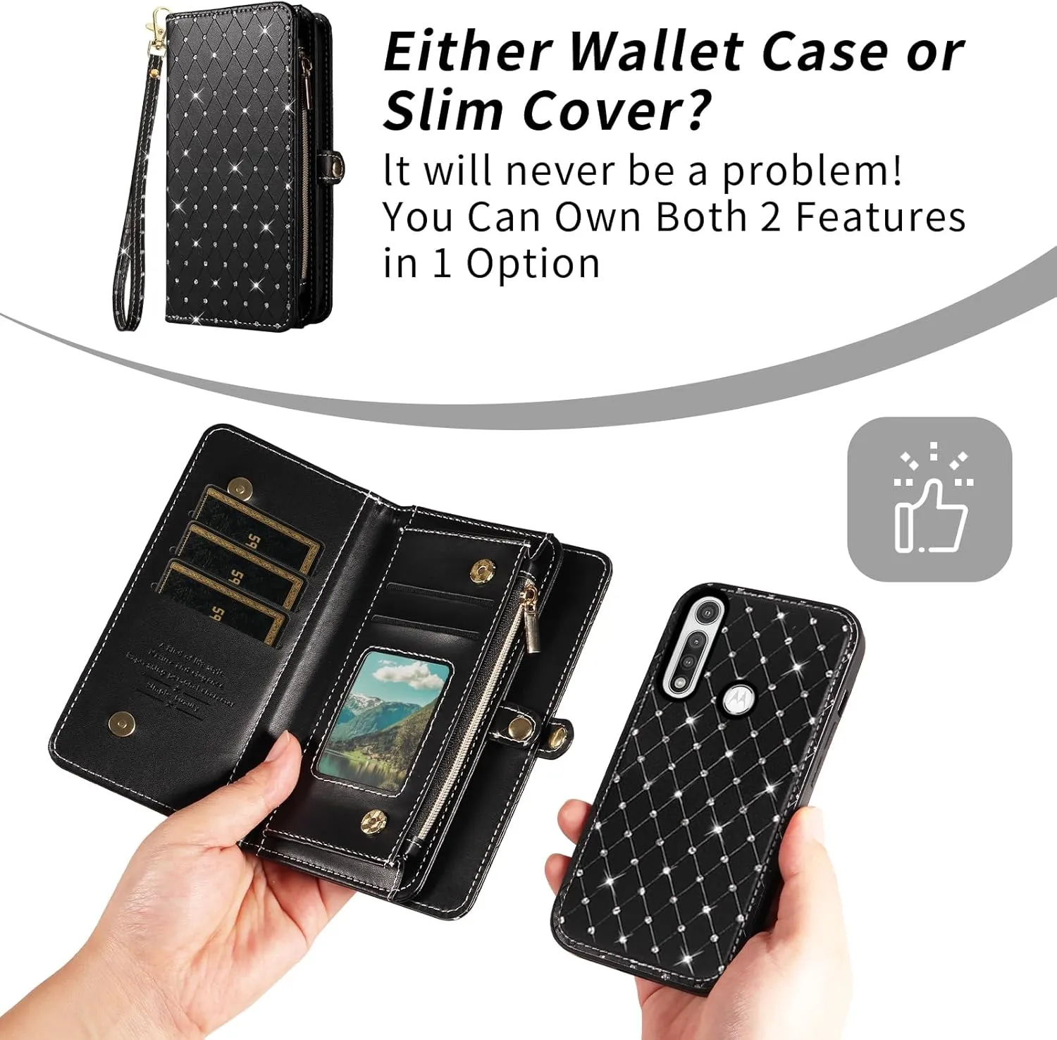 Asuwish Phone Case for Moto G Fast 2020 Zipper Wallet Detachable Cell Cover with Tempered Glass Screen Protector Crossbody Strap Glitter Flip Card Holder Slot Motorola GFast XT2045-3 Women Girls Black