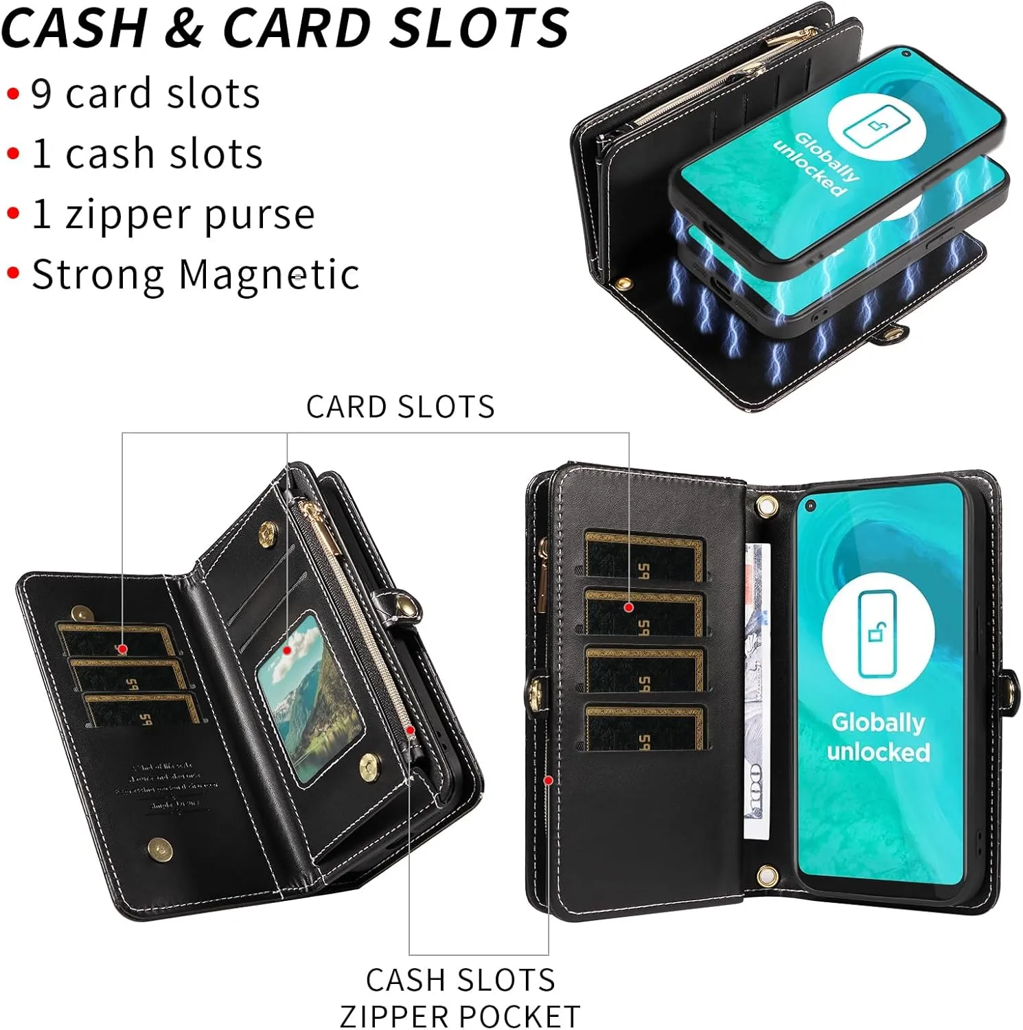 Asuwish Phone Case for Moto G Fast 2020 Zipper Wallet Detachable Cell Cover with Tempered Glass Screen Protector Crossbody Strap Glitter Flip Card Holder Slot Motorola GFast XT2045-3 Women Girls Black