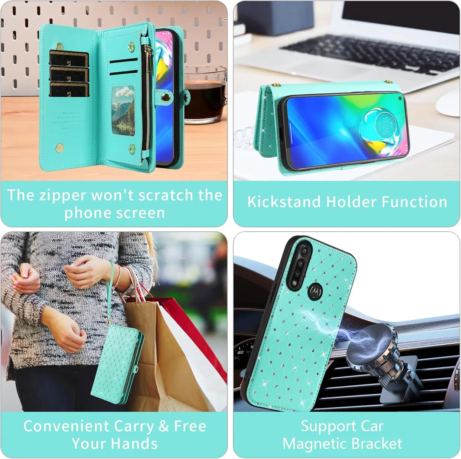 Asuwish Phone Case for Moto G Power 2020 Zipper Wallet Detachable Cell Cover with Tempered Glass Screen Protector Crossbody Lanyard Strap Glitter Flip Card Holder Slot Motorola GPower Women Girls Teal