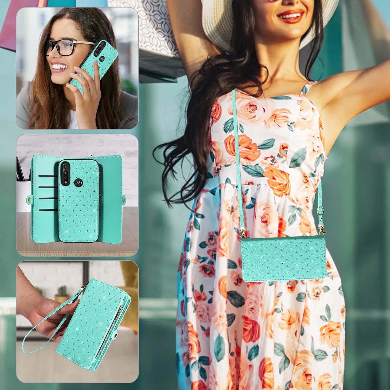 Asuwish Phone Case for Moto G Power 2020 Zipper Wallet Detachable Cell Cover with Tempered Glass Screen Protector Crossbody Lanyard Strap Glitter Flip Card Holder Slot Motorola GPower Women Girls Teal