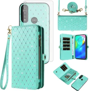 Asuwish Phone Case for Moto G Power 2020 Zipper Wallet Detachable Cell Cover with Tempered Glass Screen Protector Crossbody Lanyard Strap Glitter Flip Card Holder Slot Motorola GPower Women Girls Teal