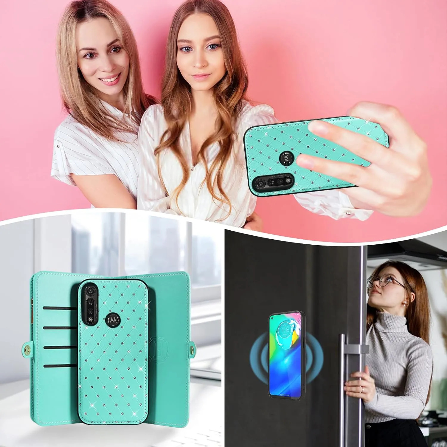 Asuwish Phone Case for Moto G Power 2020 Zipper Wallet Detachable Cell Cover with Tempered Glass Screen Protector Crossbody Lanyard Strap Glitter Flip Card Holder Slot Motorola GPower Women Girls Teal