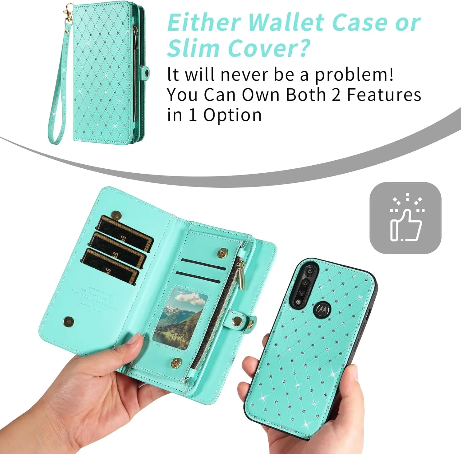 Asuwish Phone Case for Moto G Power 2020 Zipper Wallet Detachable Cell Cover with Tempered Glass Screen Protector Crossbody Lanyard Strap Glitter Flip Card Holder Slot Motorola GPower Women Girls Teal