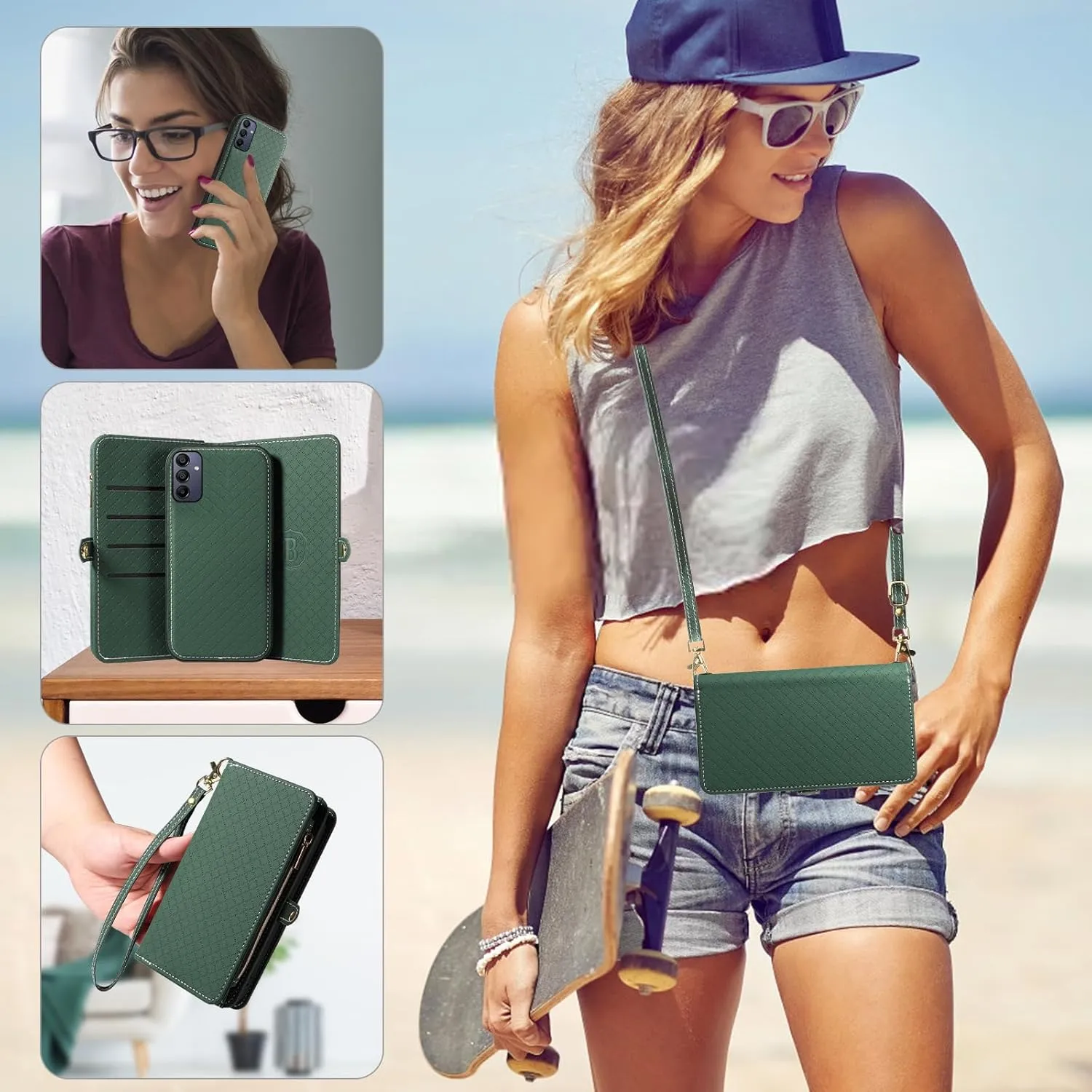 Asuwish Phone Case for Samsung Galaxy A15 5G/4G Zipper Wallet Detachable Cell Cover with Tempered Glass Screen Protector Crossbody Lanyard Strap Flip Card Holder Slot A 15 G5 15A Women Girls Green