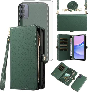 Asuwish Phone Case for Samsung Galaxy A15 5G/4G Zipper Wallet Detachable Cell Cover with Tempered Glass Screen Protector Crossbody Lanyard Strap Flip Card Holder Slot A 15 G5 15A Women Girls Green