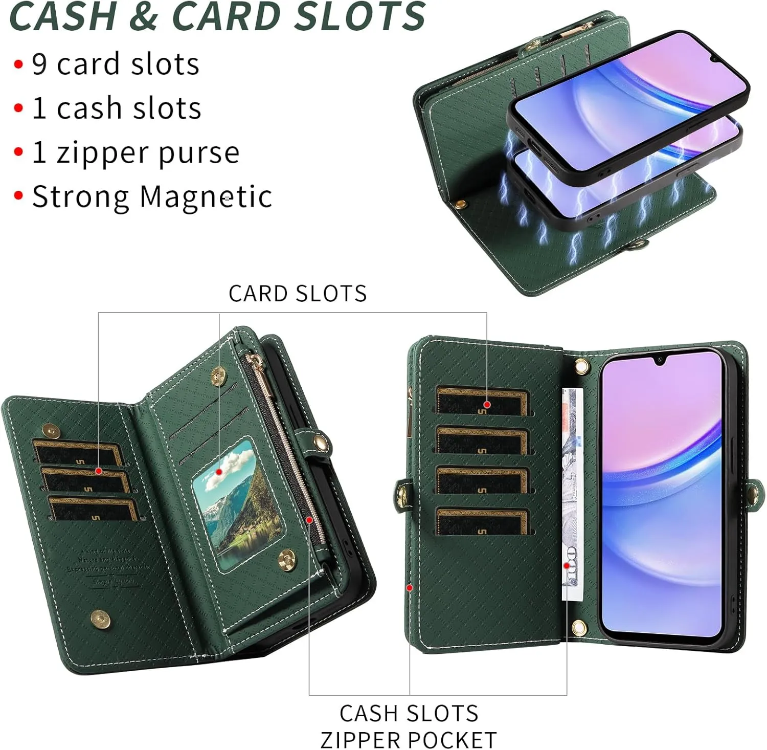 Asuwish Phone Case for Samsung Galaxy A15 5G/4G Zipper Wallet Detachable Cell Cover with Tempered Glass Screen Protector Crossbody Lanyard Strap Flip Card Holder Slot A 15 G5 15A Women Girls Green