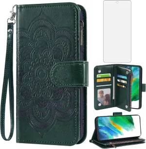 Asuwish Phone Case for Samsung Galaxy S21 FE 5G Wallet Cover with Tempered Glass Screen Protector and Flip Card Holder Cell Accessories S 21 EF S21FE5G UW S21FE 21S G5 6.4 inch Women Men Dark Green