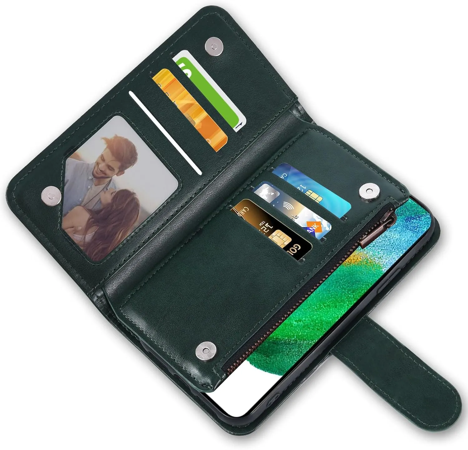 Asuwish Phone Case for Samsung Galaxy S21 FE 5G Wallet Cover with Tempered Glass Screen Protector and Flip Card Holder Cell Accessories S 21 EF S21FE5G UW S21FE 21S G5 6.4 inch Women Men Dark Green