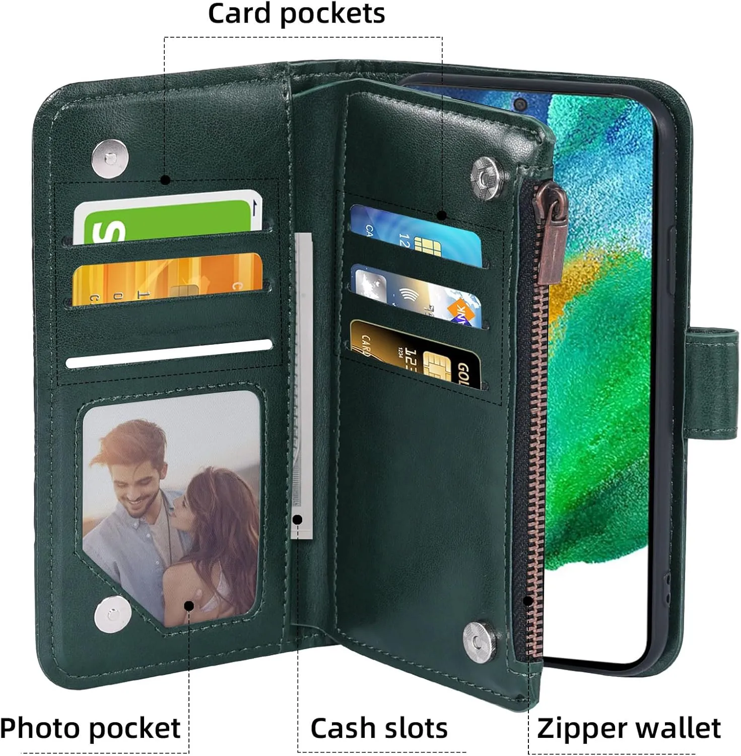 Asuwish Phone Case for Samsung Galaxy S21 FE 5G Wallet Cover with Tempered Glass Screen Protector and Flip Card Holder Cell Accessories S 21 EF S21FE5G UW S21FE 21S G5 6.4 inch Women Men Dark Green