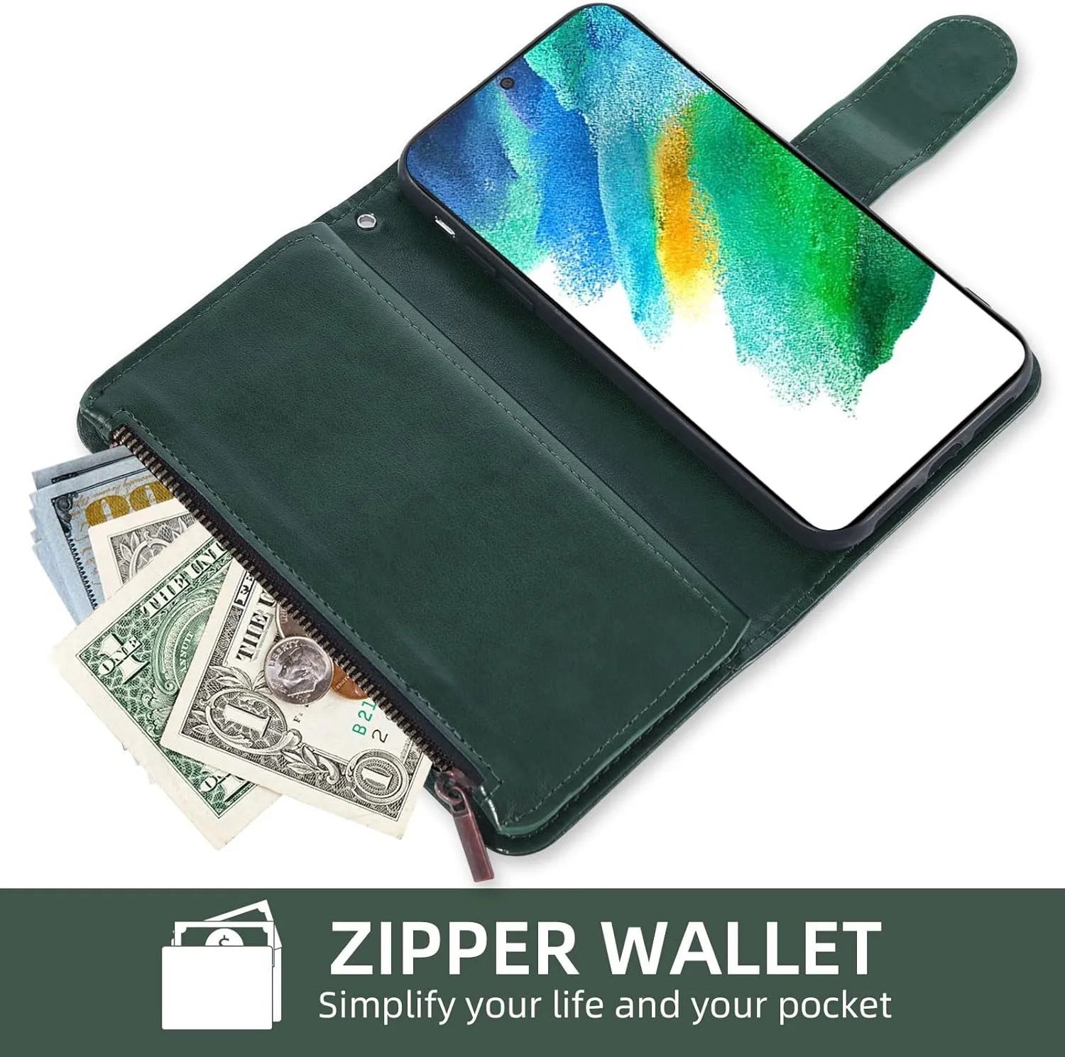Asuwish Phone Case for Samsung Galaxy S21 FE 5G Wallet Cover with Tempered Glass Screen Protector and Flip Card Holder Cell Accessories S 21 EF S21FE5G UW S21FE 21S G5 6.4 inch Women Men Dark Green