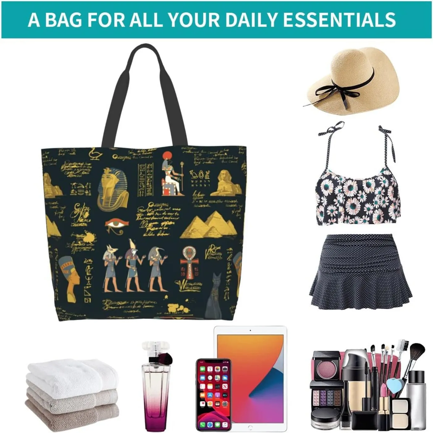 ASYG Egyptian Tote Shoulder Bag Hieroglyphs Bags Storage Handle Shopping Bag Portable Egypt Bag
