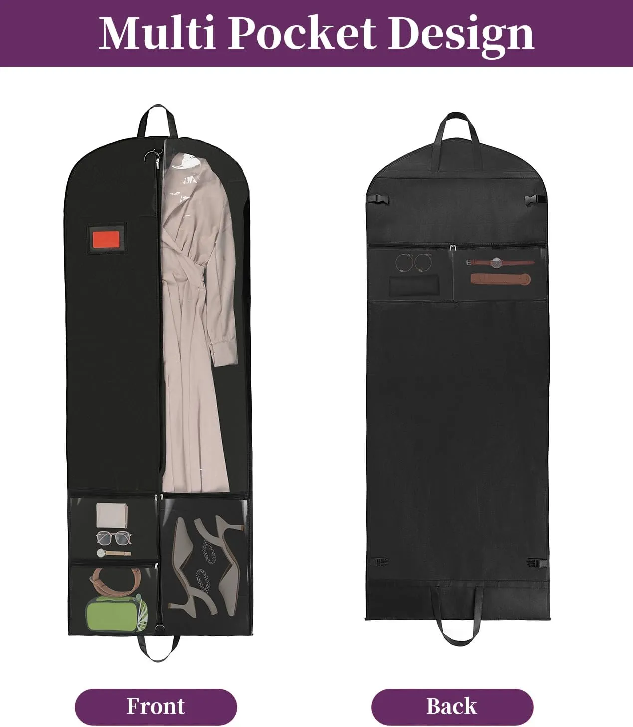 BAG WIZARD 65" Dress Garment Bags for Hanging Clothes, Foldable Hanging Dress Cover for Closet Storage and Traveling with Pockets for Gowns, Dresses, Suits, Uniforms, 1 Pack
