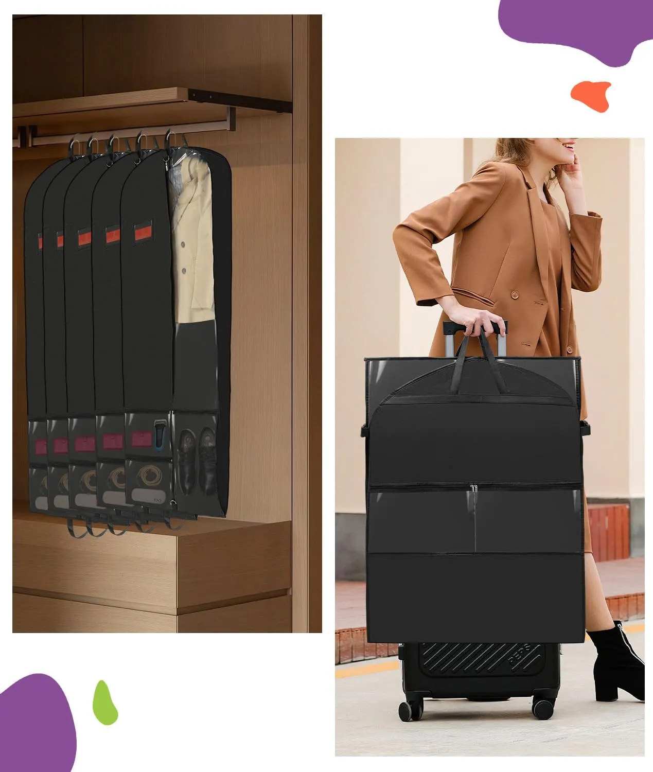 BAG WIZARD 65" Dress Garment Bags for Hanging Clothes, Foldable Hanging Dress Cover for Closet Storage and Traveling with Pockets for Gowns, Dresses, Suits, Uniforms, 1 Pack