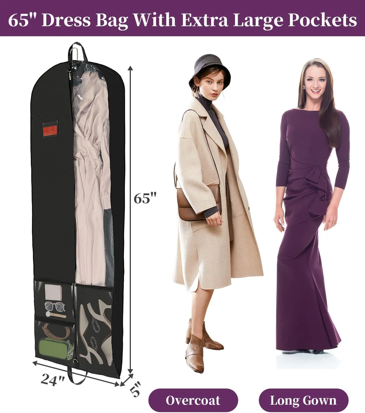 BAG WIZARD 65" Dress Garment Bags for Hanging Clothes, Foldable Hanging Dress Cover for Closet Storage and Traveling with Pockets for Gowns, Dresses, Suits, Uniforms, 1 Pack