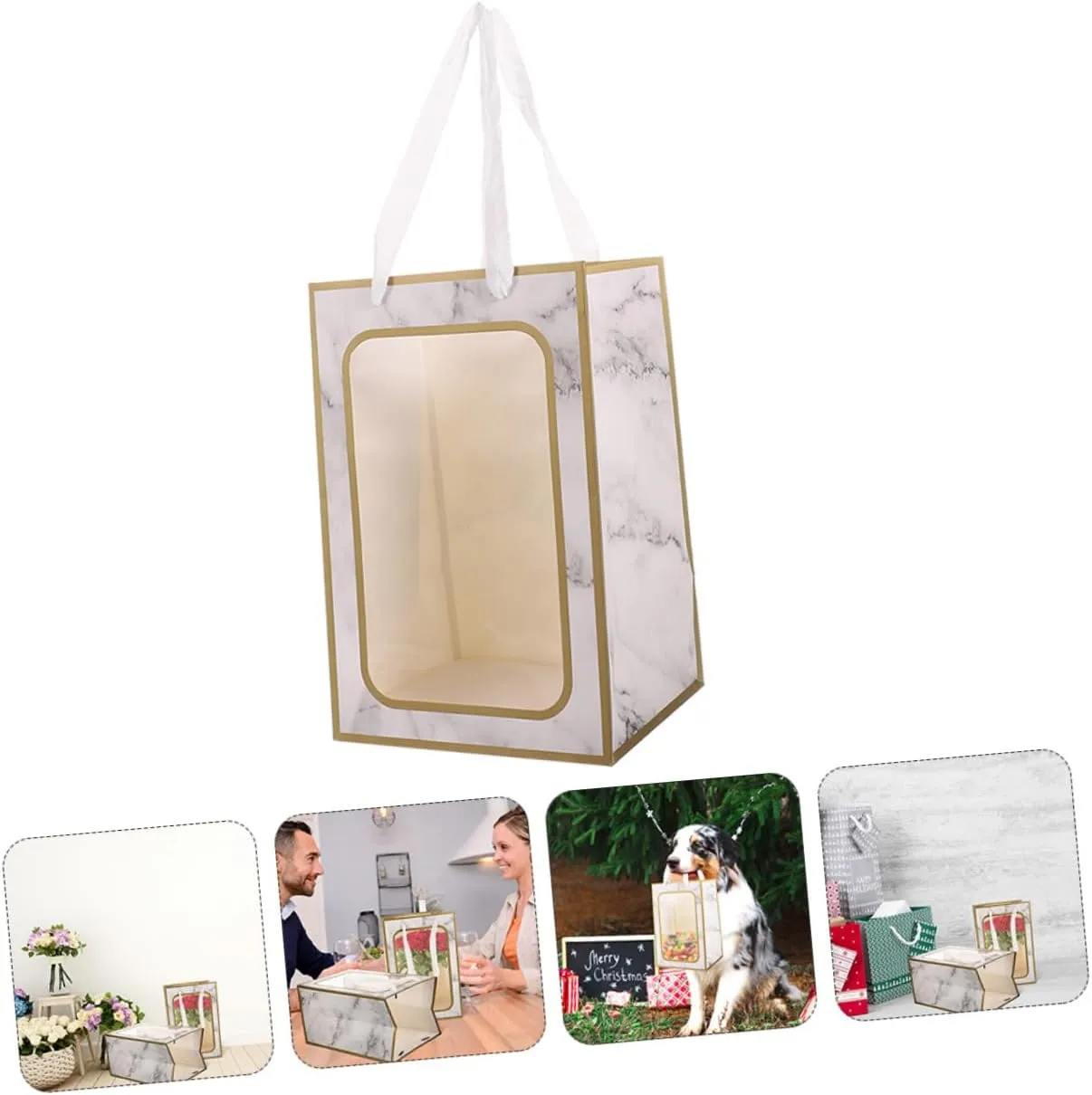 Baluue 4pcs Floral Bouquet present Packing Bags with Clear Window Design Marble Tote Pouches for Flower Storage Durable Material for Easy Identification and Sincere Expressions