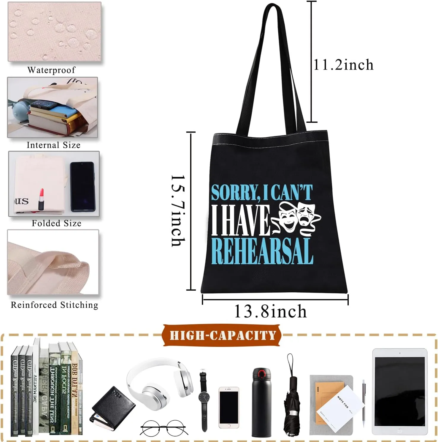 BDPWSS Theater Tote Bag Drama Actor Actress Gift Comedy Tragedy Mask Gift Sorry i Can't i Have Rehearsal Bag