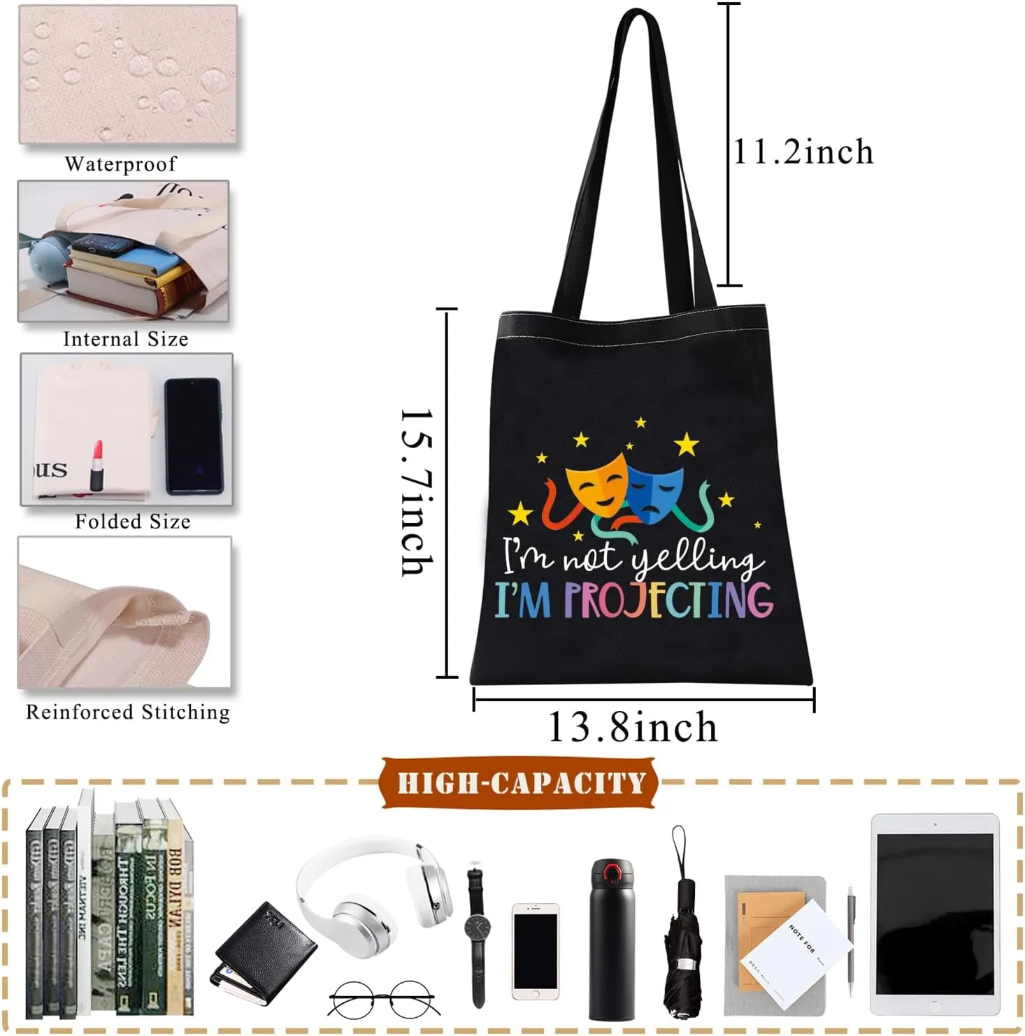 BDPWSS Theatre Tote Bag Drama Actor Actress Gift Comedy Tragedy Mask Theatre Bag I'm Not Yelling I'm Projecting Travel Pouch