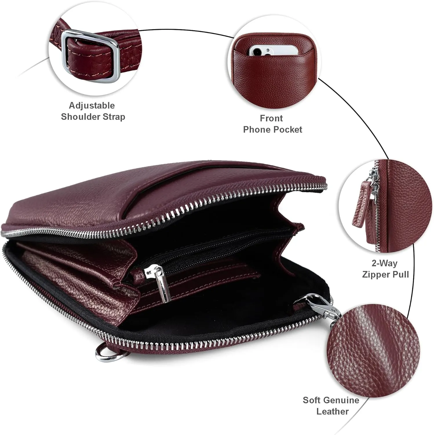 befen Genuine Leather Crossbody Cell Phone Purse for Women, Small Zip Around RFID Blocking Crossbody Wallet Bags