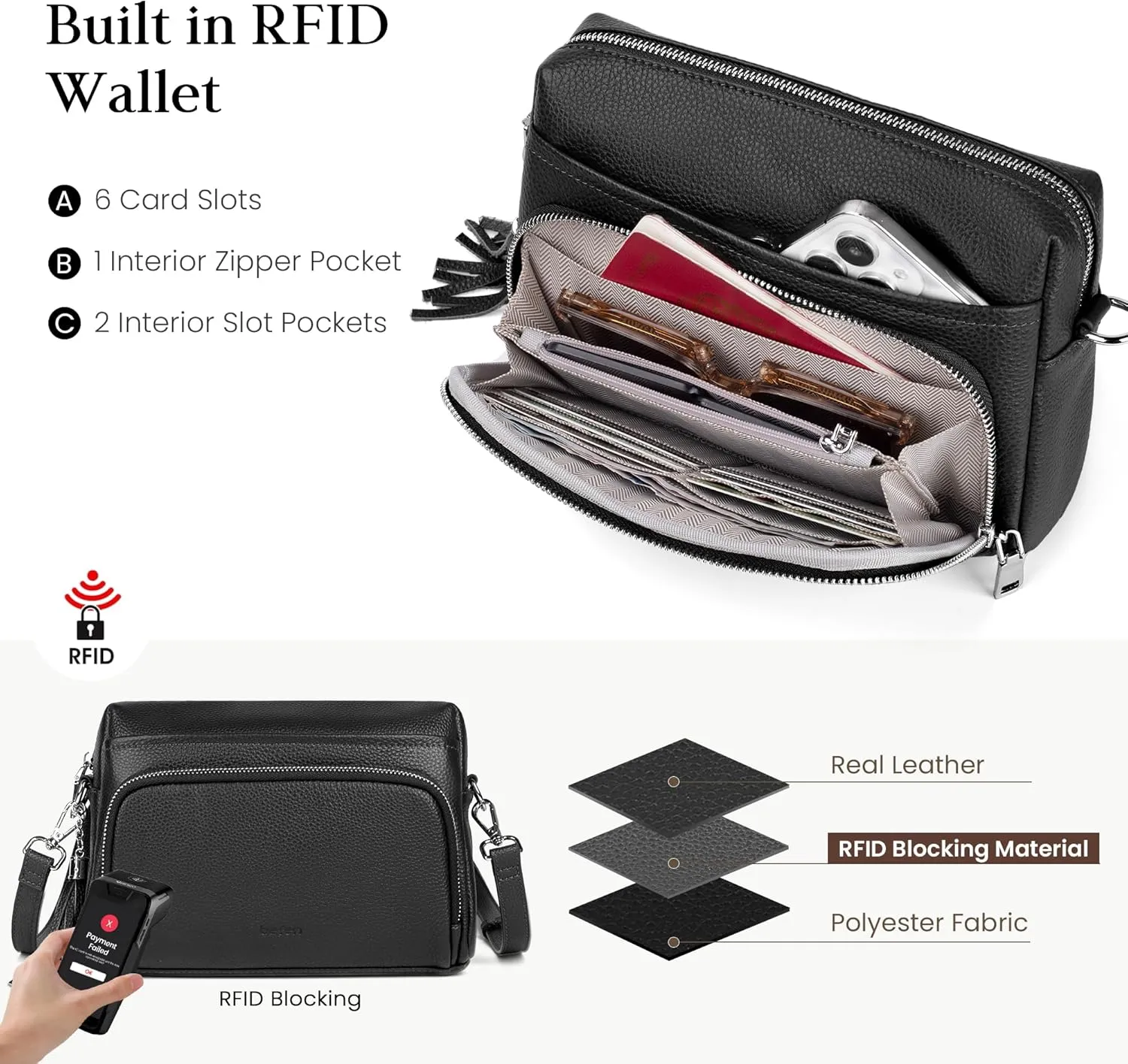 befen Genuine Leather Crossbody Purses for Women Lightweight Small Crossbody Bags Purse with Built in RFID Blocking Wallet