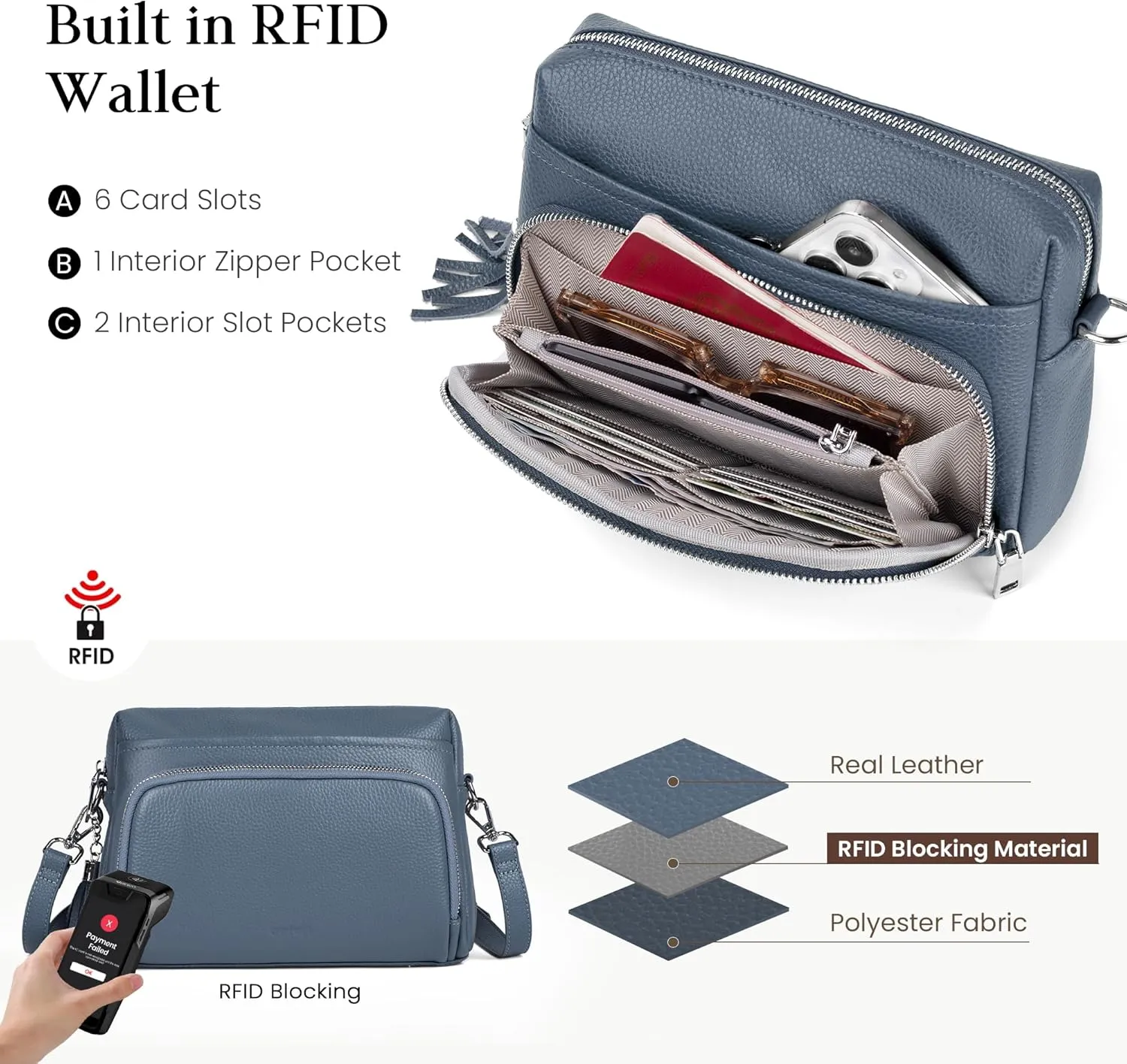 befen Genuine Leather Crossbody Purses for Women Lightweight Small Crossbody Bags Purse with Built in RFID Blocking Wallet