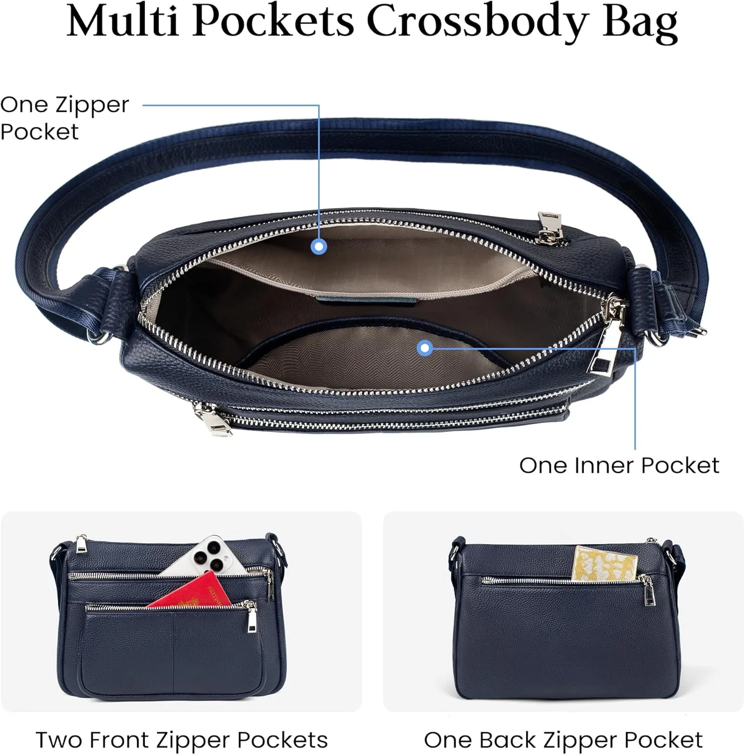 befen Genuine Leather Crossbody Purses for Women, Woman Medium Pocketbooks Shoulder Bags Handbags with Multi Zipper Pockets