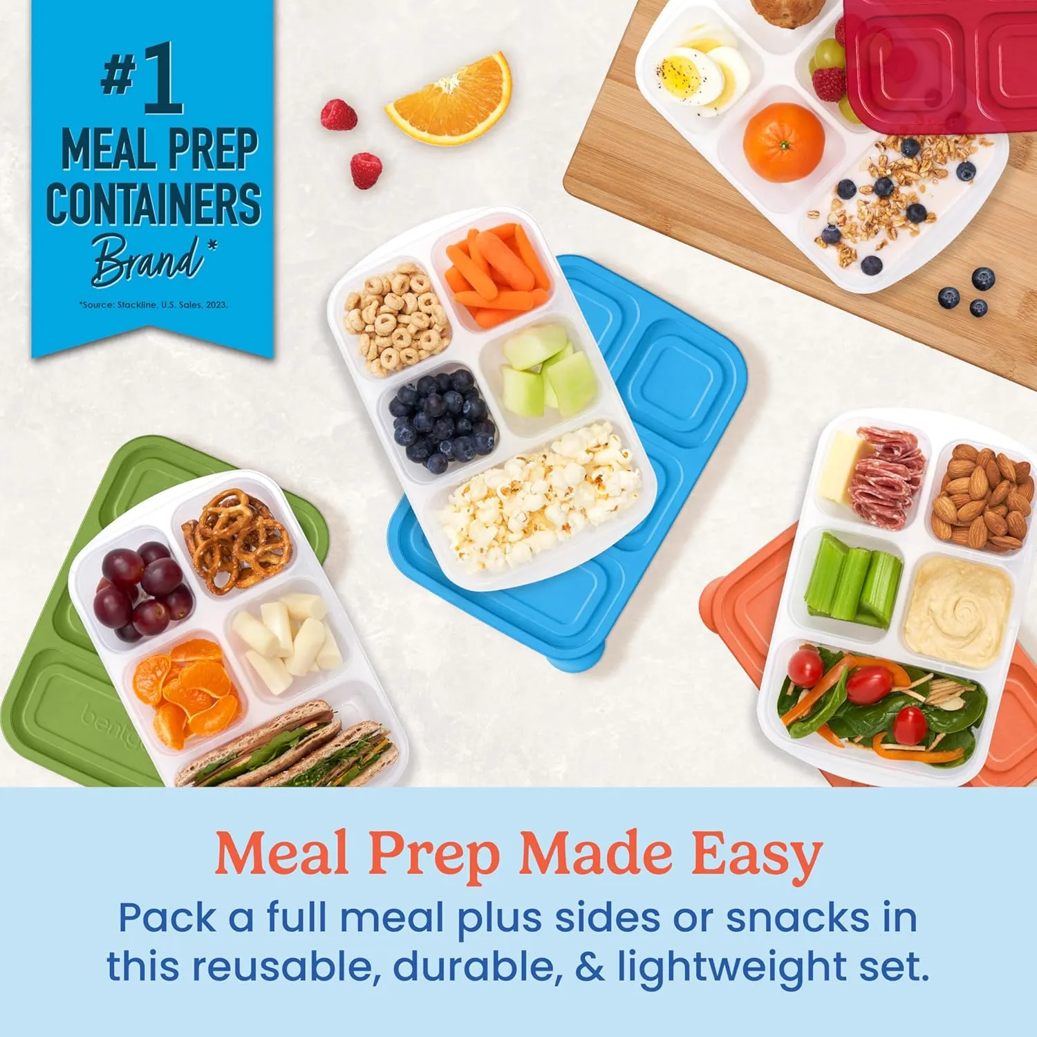 Bentgo Easyboxes - Reusable 5-Compartment Food Containers, Stackable 8-Piece Set, 4 Trays & 4 Lids, BPA-Free Food Storage for Meal Prep, School, & Work; Lunch Boxes with Patented Design (Classic)