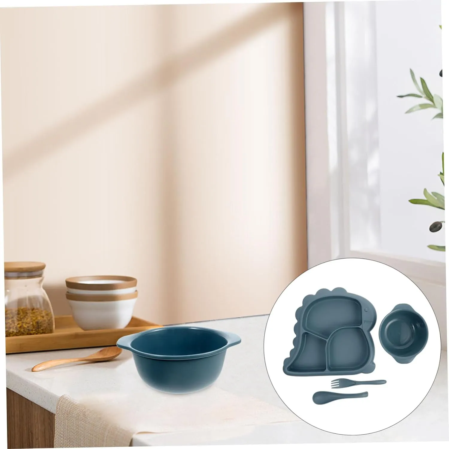 BESPORTBLE 1 Set Dinosaur Plate and Bowl Divided Tableware with Fork Spoon Cute Design for Odor Food Storage present