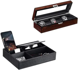 BEWISHOME Mens Valet Tray Dresser Organizer Watch Box for Men 6 Slot Watch Organizer Bundle