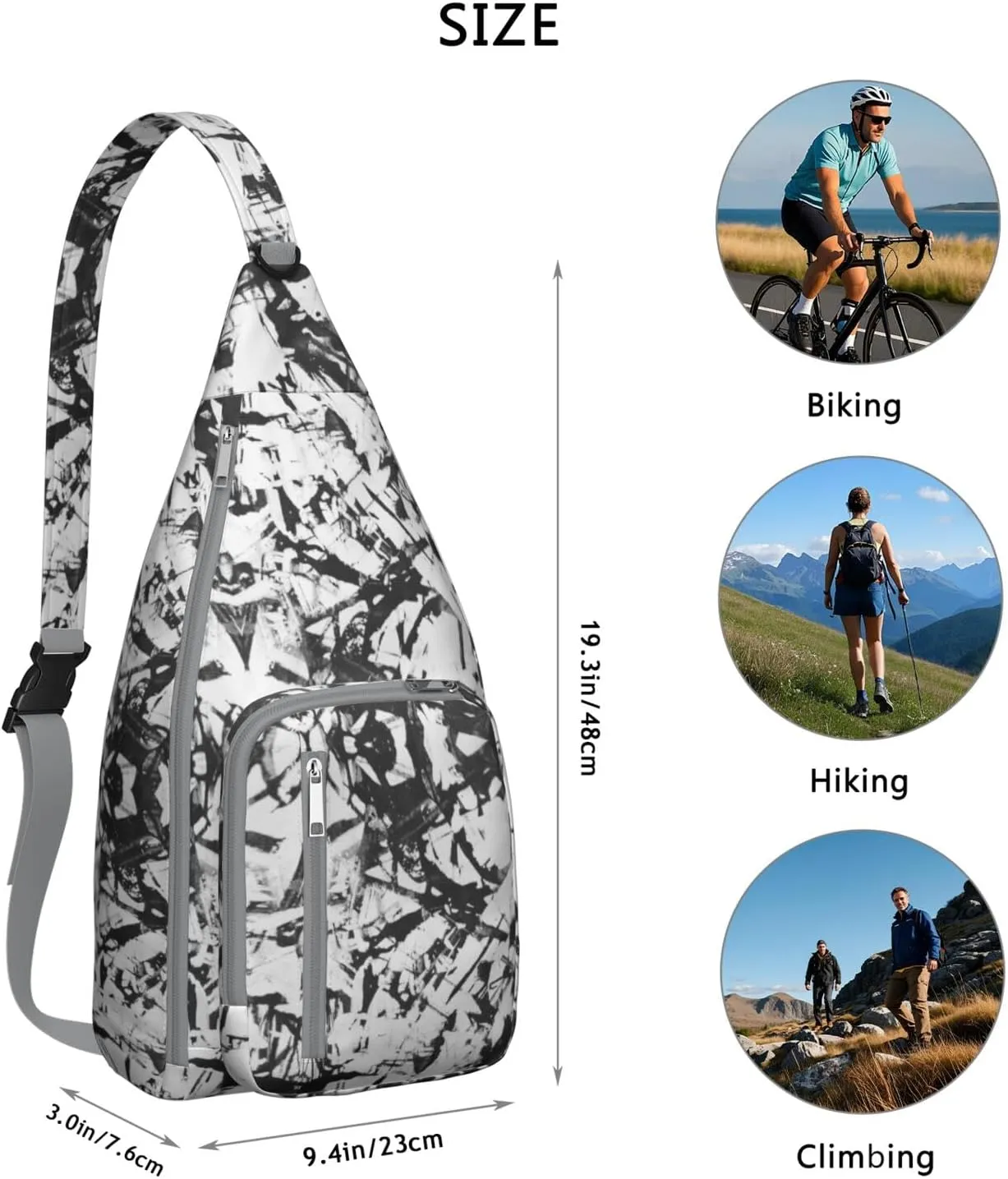 Black and White Abstract Pattern Crossbody Bag Daypack for Women Men Lightweight Waterproof Sling Bag Backpack Hiking Cycling