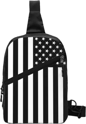 Black And White American Flag Portable Sling Bags Packable Crossbody Bag Foldable Sport Daypack Reusable Shoulder Backpack Diagonally Chest Bag for Workout Travel
